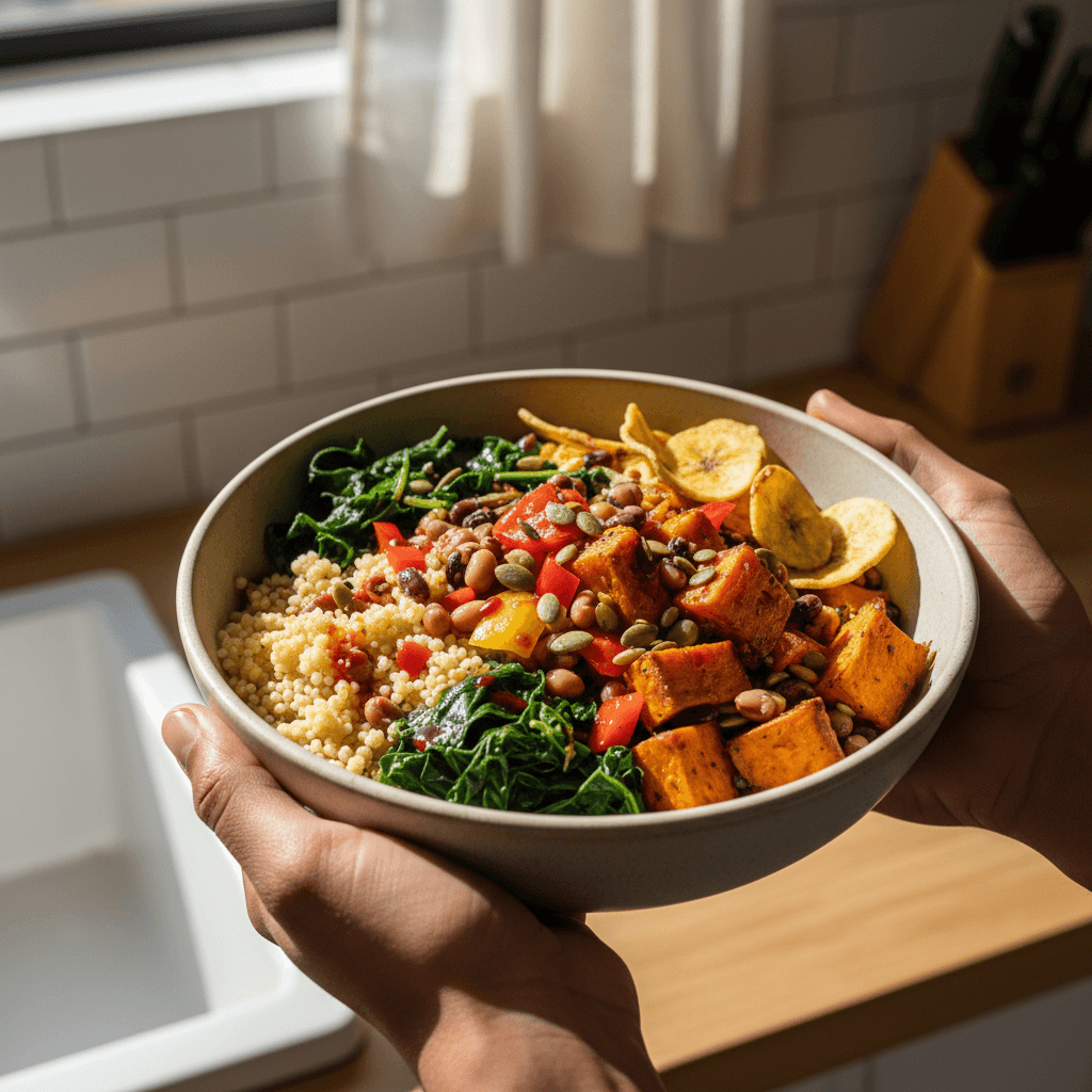 Fresh West African wellness bowl with grains and vegetables