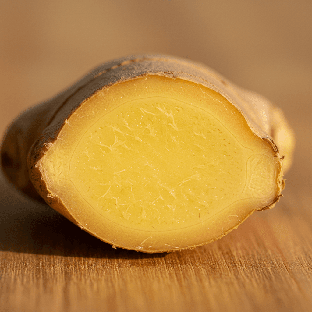 Cross-section of fresh ginger root showing golden interior