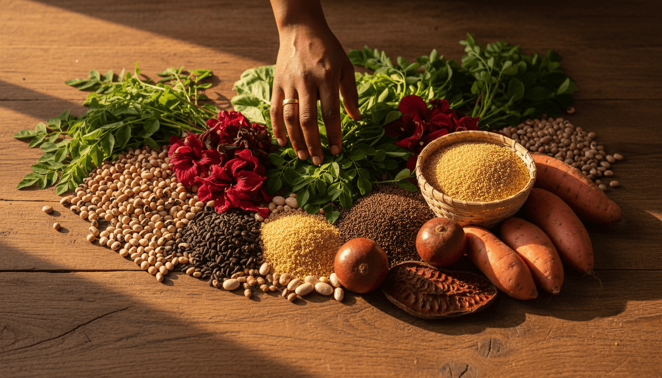 Overhead view of fresh West African wellness ingredients on a wooden surface in natural light