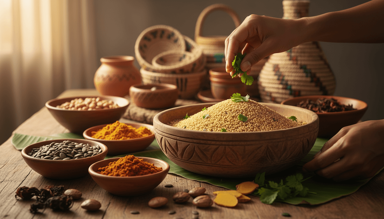 West African wellness grains and supplements arranged on a natural wood table with fresh herbs and traditional serving vessels
