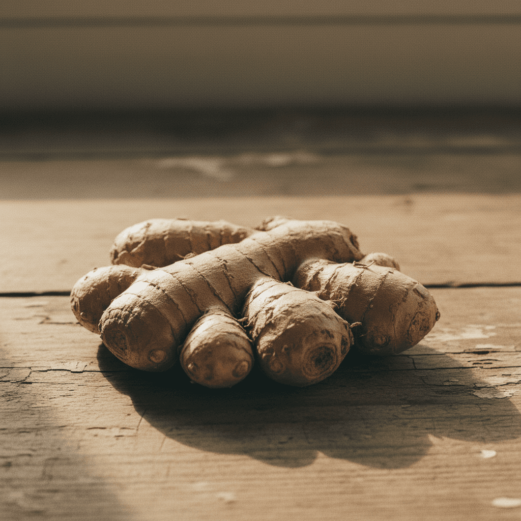 Whole ginger root on rustic wooden surface