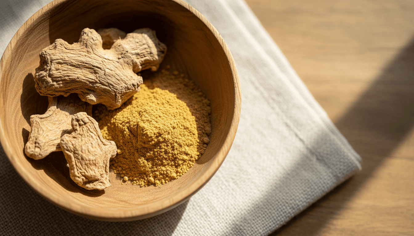 Close-up of pure golden ginger powder in a wooden bowl with dried ginger root pieces on natural linen cloth