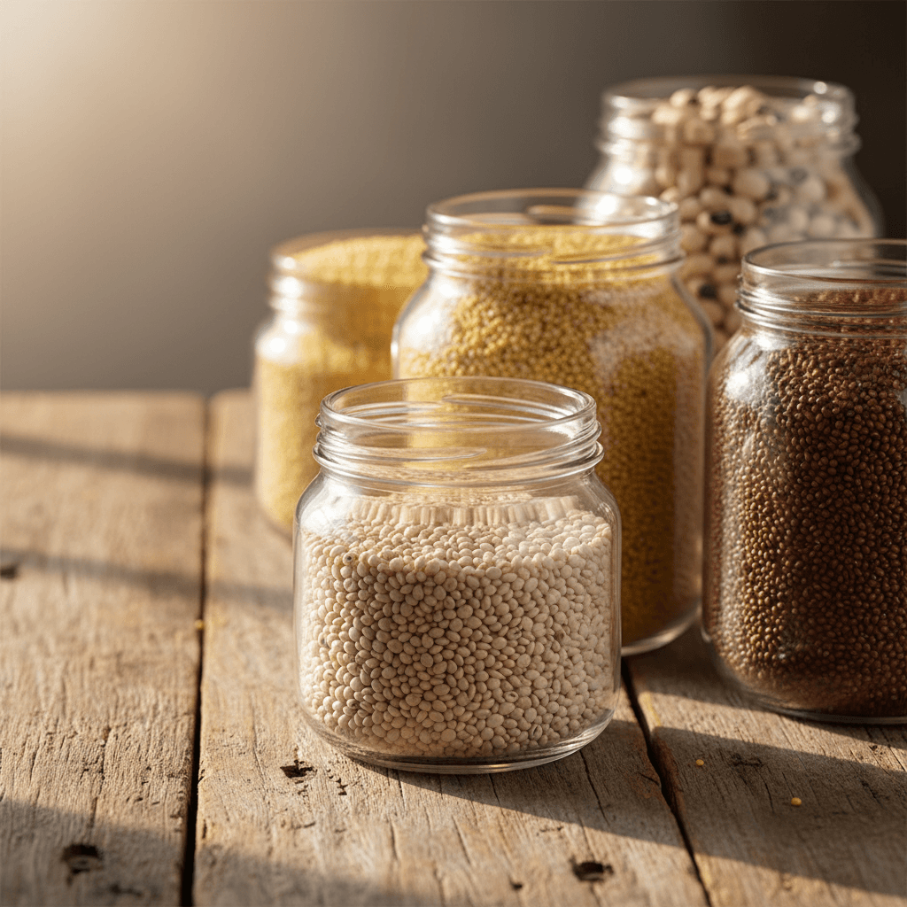 Authentic West African grains and legumes in glass jars