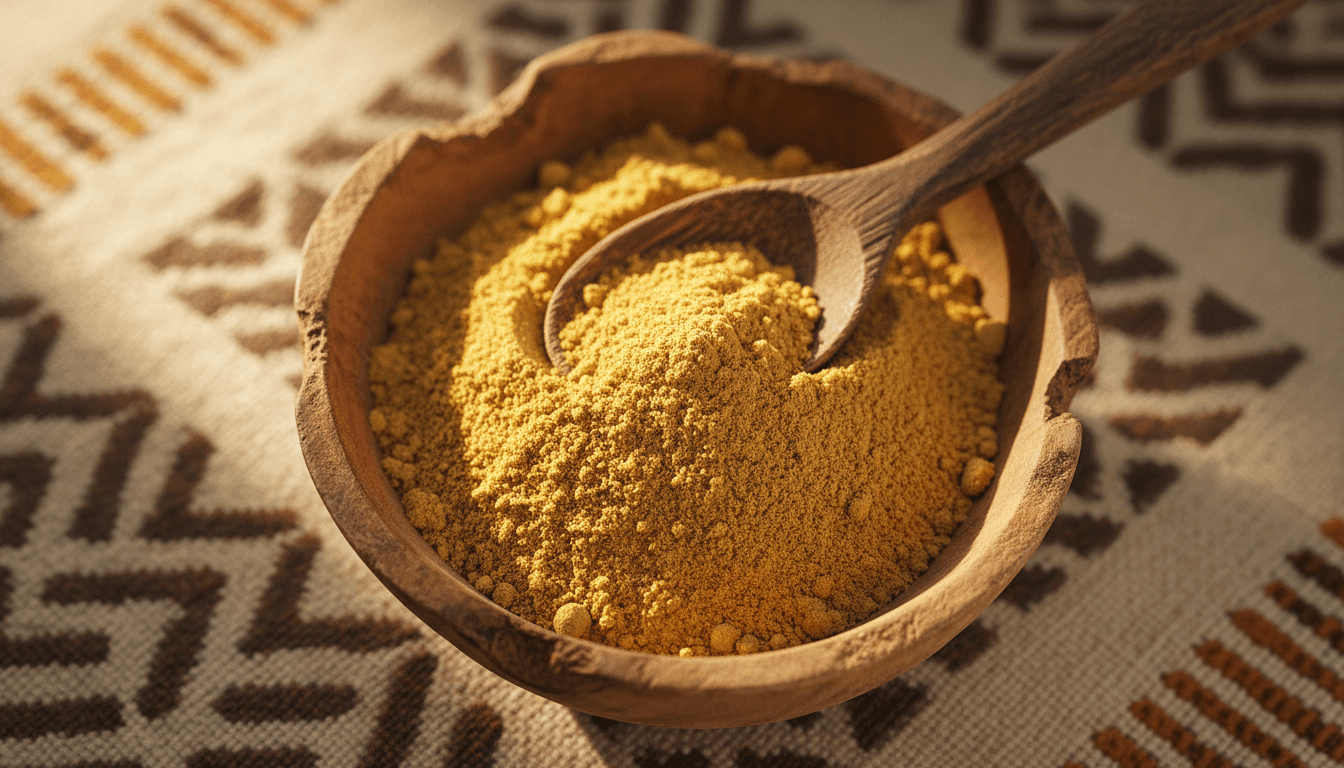 Pure golden ginger powder in a wooden bowl with natural morning light