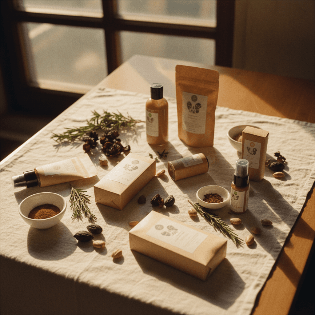 Arranged West African wellness products with fresh ingredients