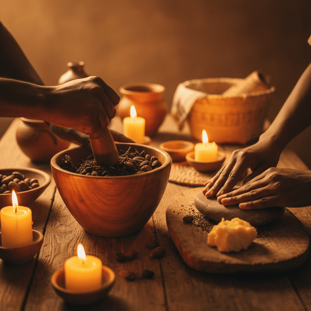 Hands preparing traditional West African wellness ingredients