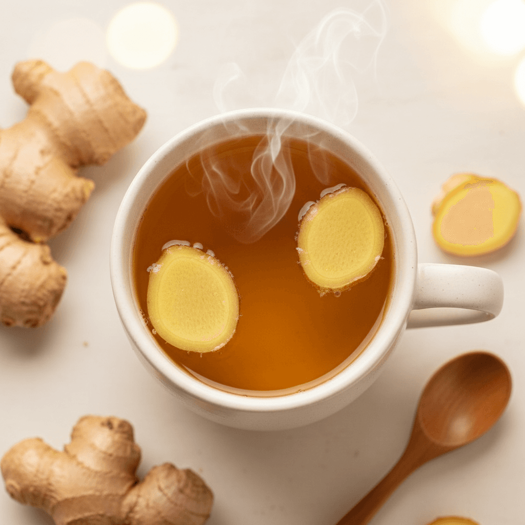 Steaming mug of ginger tea with fresh ginger slices