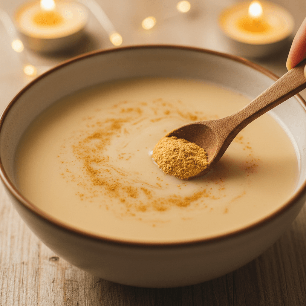 Ginger powder being stirred into warm beverage