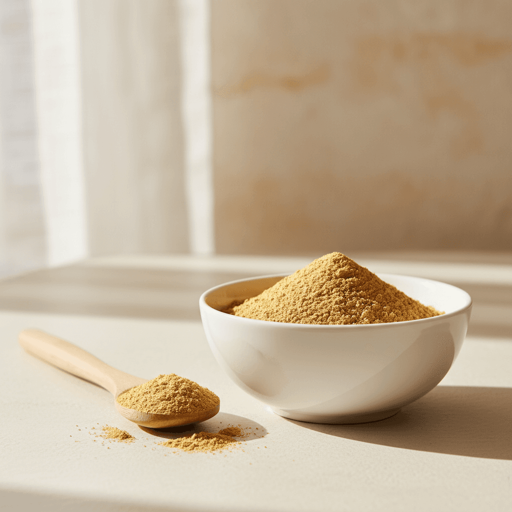 Golden ginger powder in ceramic bowl with wooden spoon