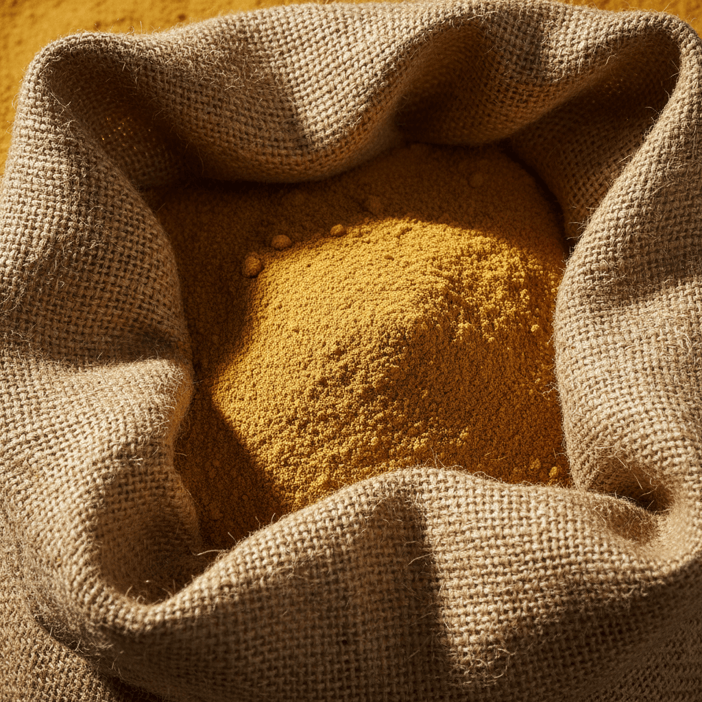 Premium ginger powder in natural burlap sack