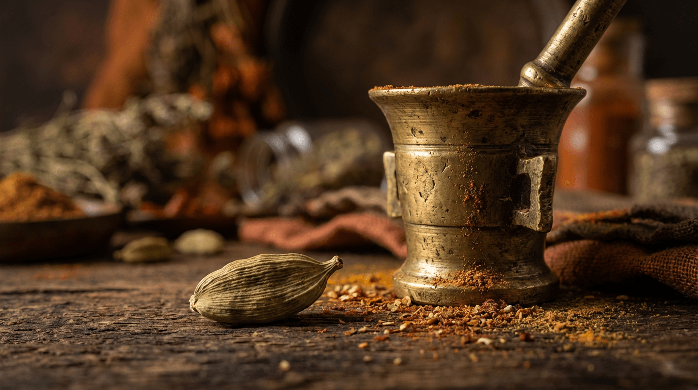 Traditional mortar and pestle with ground spice blend
