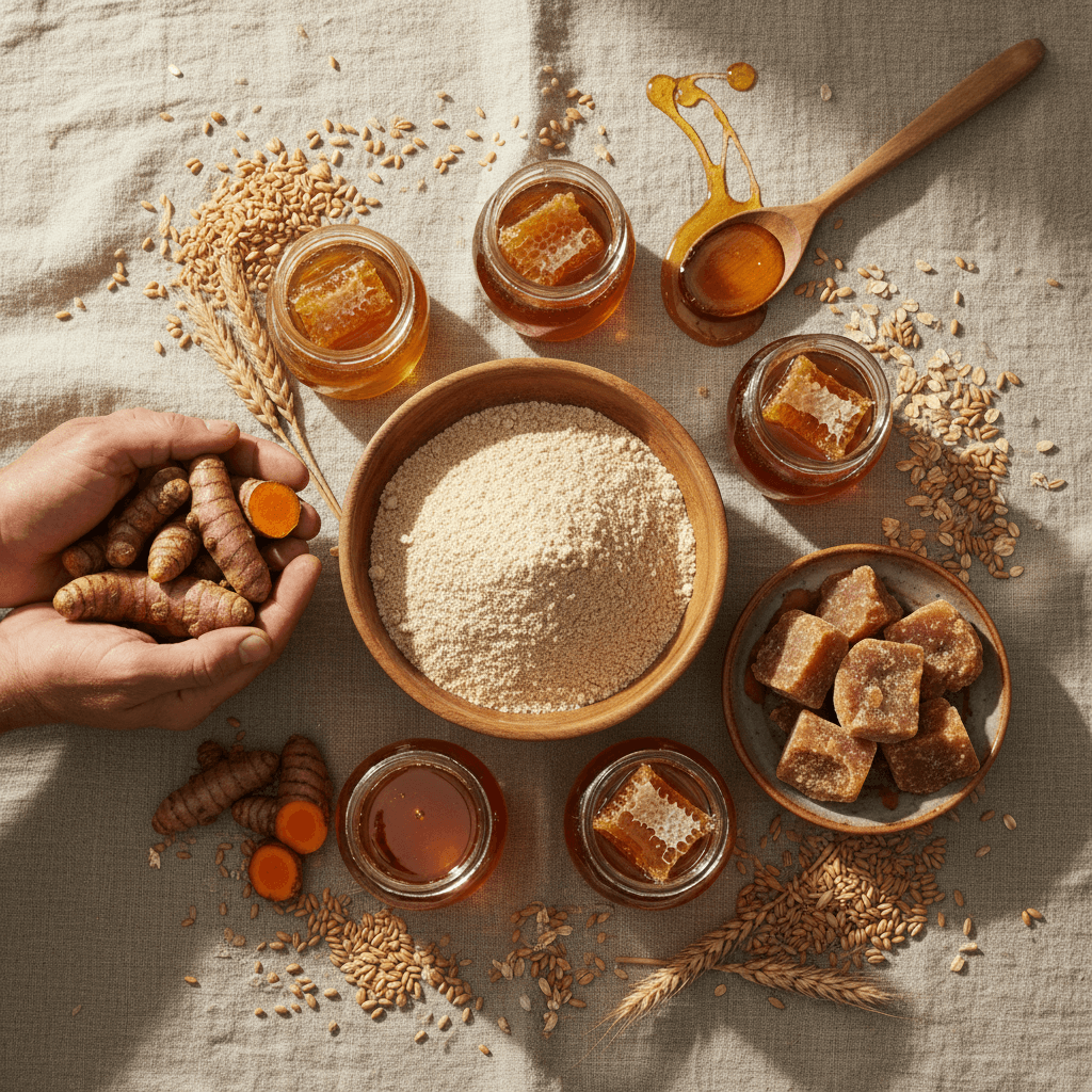 West African traditional wellness ingredients flat lay